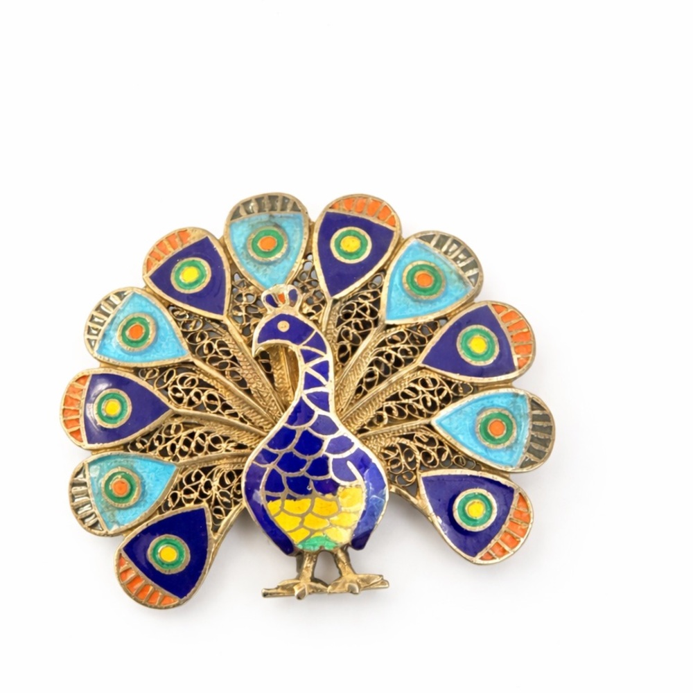 Vintage Peacock Brooch Colorful Enamel Filigree Gold Tone Mid Century